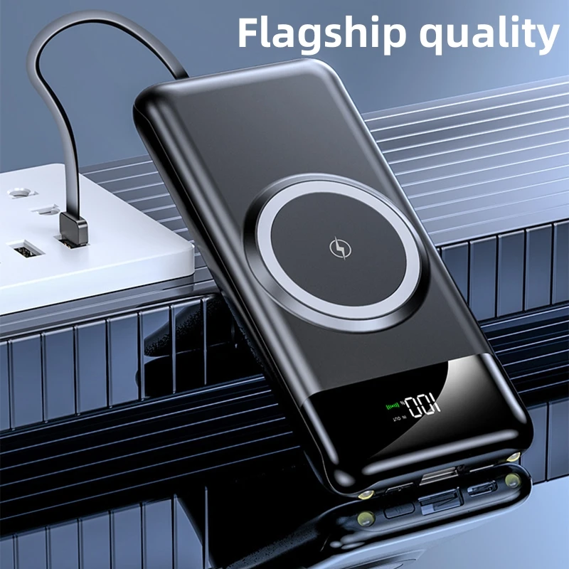 Three-In-One Wireless Charging Power Bank Built-In Four-Wire Power Bank 30000mAh Large Capacity External Battery Free Shipping