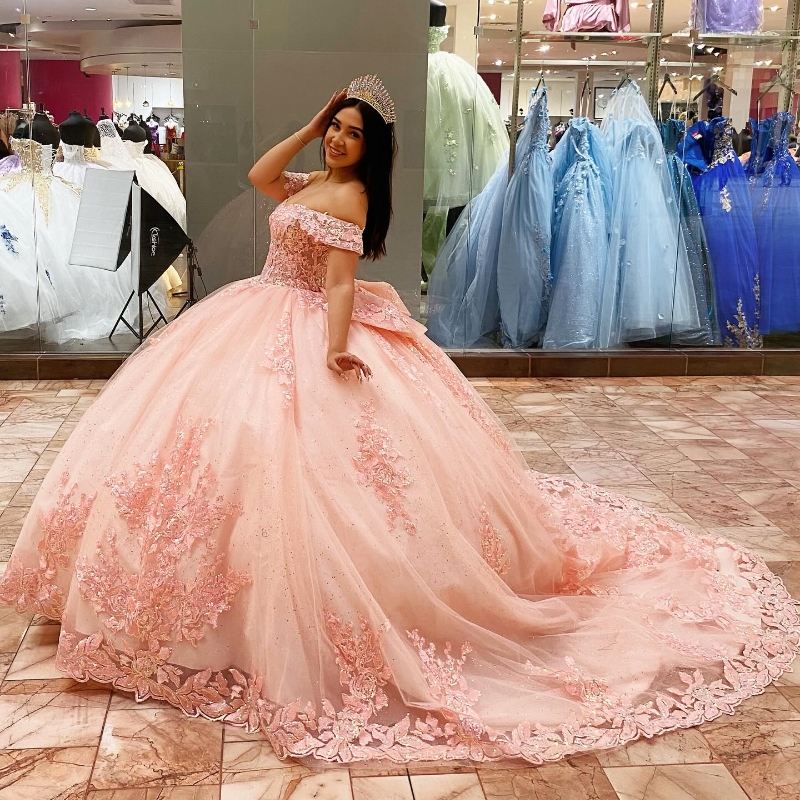 Sparkly Pink Quinceanera 2024 Ball Gown Appliques Lace Beading Tull Puffy Skirt Sweet 16 Dress Vestidos De 15 0629