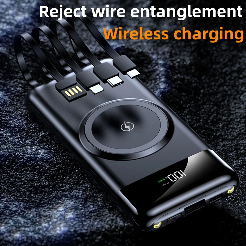 Three-In-One Wireless Charging Power Bank Built-In Four-Wire Power Bank 30000mAh Large Capacity External Battery Free Shipping