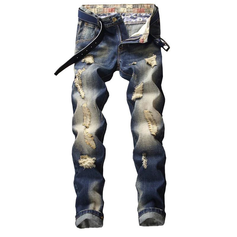 Men Jeans Streetwear Ripped Denim Pants Trend Trousers Hole Ruined Casual Biker Destroyed Regular Straight 240131