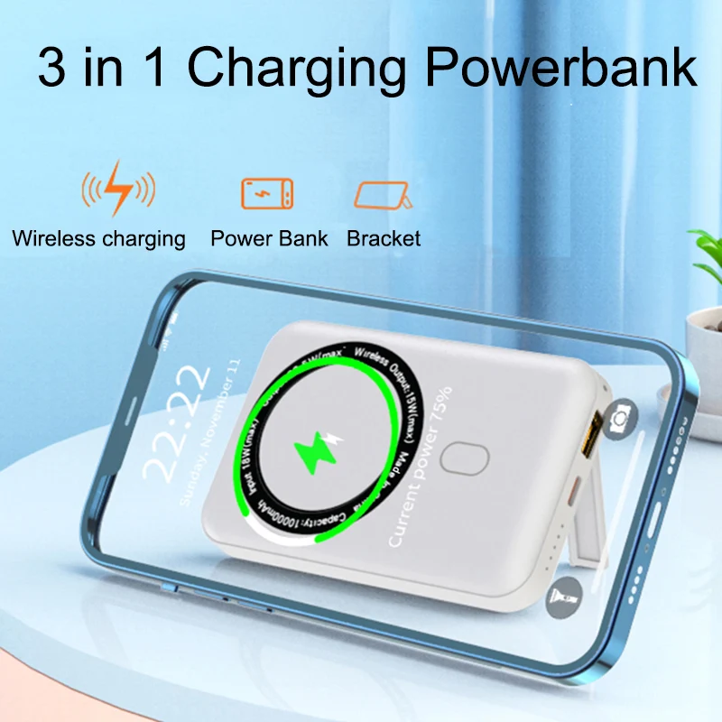 15W Magnetic Wireless Charging 10000mAh Power Bank With Stand For IPhone12 13 Pro Max 22.5W Fast Charge External Battery