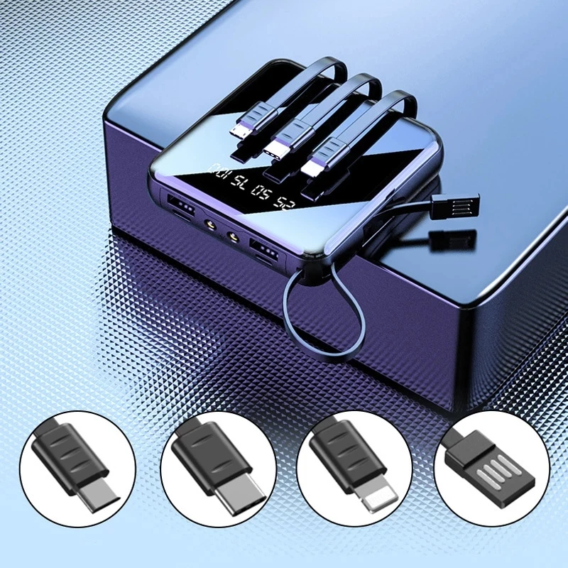 20000mAh Mini Power Bank With Micro USB Type C Cable Portable Charger LED Mirror Powerbank External Battery Pack Power Bank