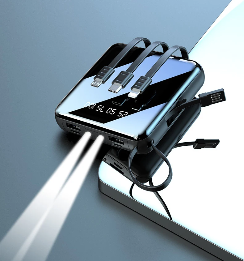 20000mAh Mini Power Bank With Micro USB Type C Cable Portable Charger LED Mirror Powerbank External Battery Pack Power Bank