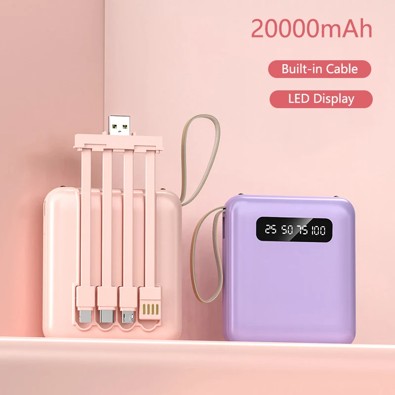 4-in-1 Mini Power Bank 20000mAh With 4 Cable Mobile External Battery Charger for iPhone Samsung Huawei Xiaomi Portable Powerbank