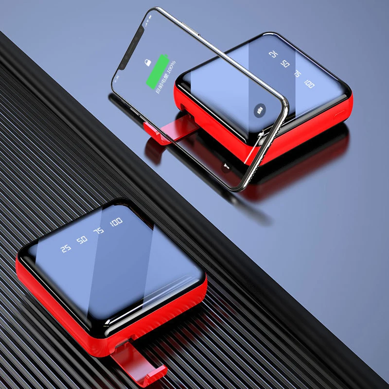 20000mAh Mini Built in Cable Portable Charger Full Mirror Screen Powerbank External Battery Pack Power Bank with Dual