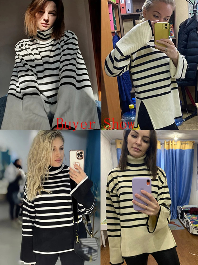 Black And White Stripe Sweater Streetwear Loose Tops Women Pullover Female Jumper Long Sleeve Turtleneck Knitted Ribbed Sweaters 240130