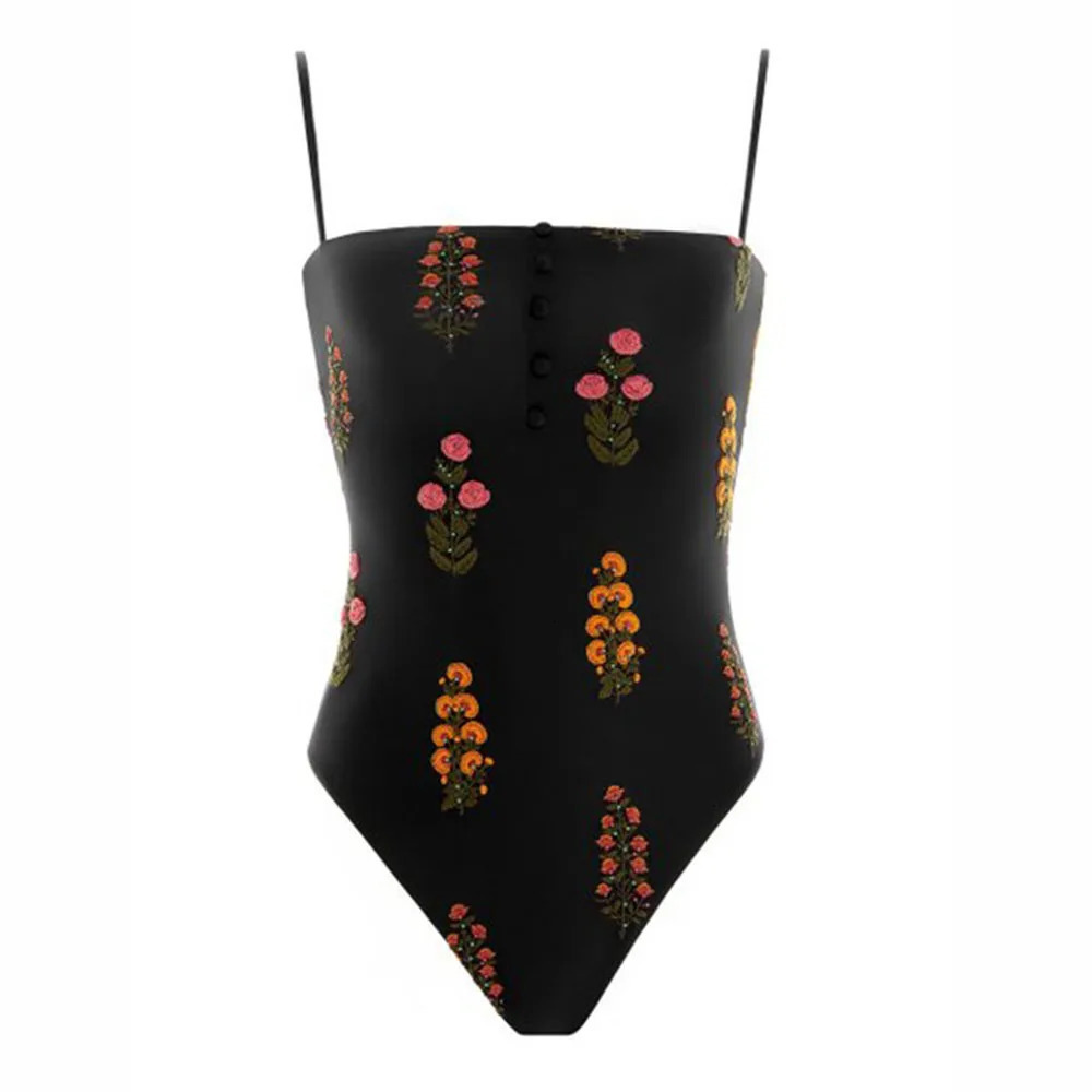 Womens Swimsuit Square Neck Slimming Bodysuit Printed Embroidered Beach Bathing Suit Chic Sexy Skinny Pool Wear 240131