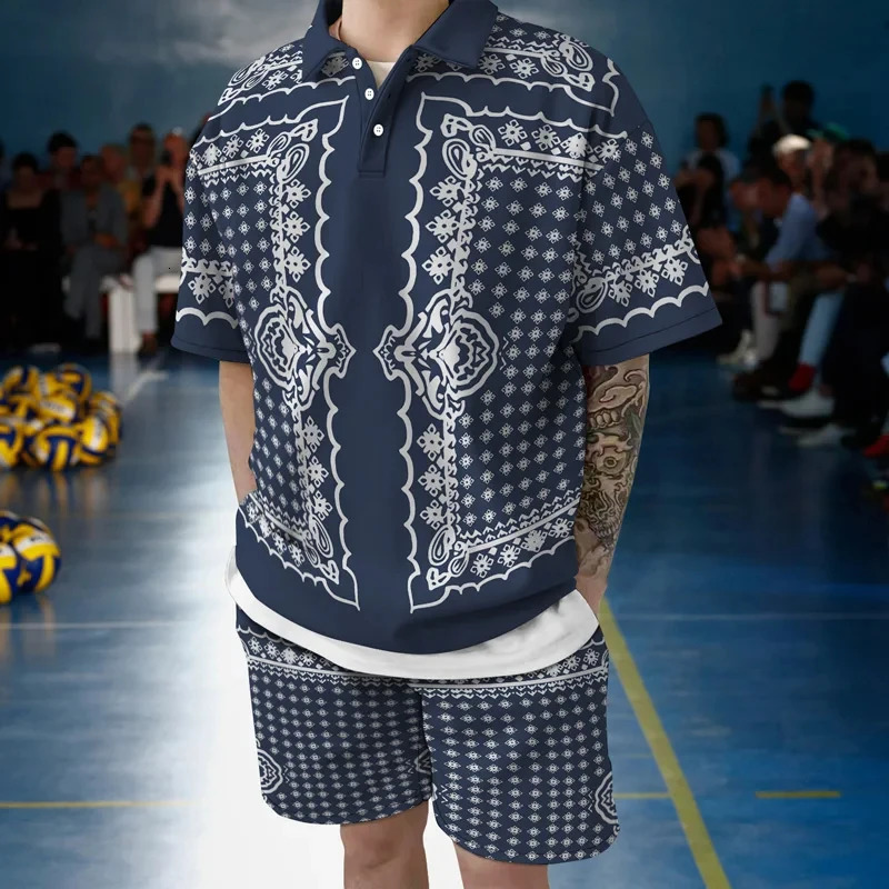 Men Polo Suit Casual 3D Printed Vintage Gold Patterns Top T-Shirt Sportswear Clothes Sweatpants Summer Male Two Set Tracksuits 240130