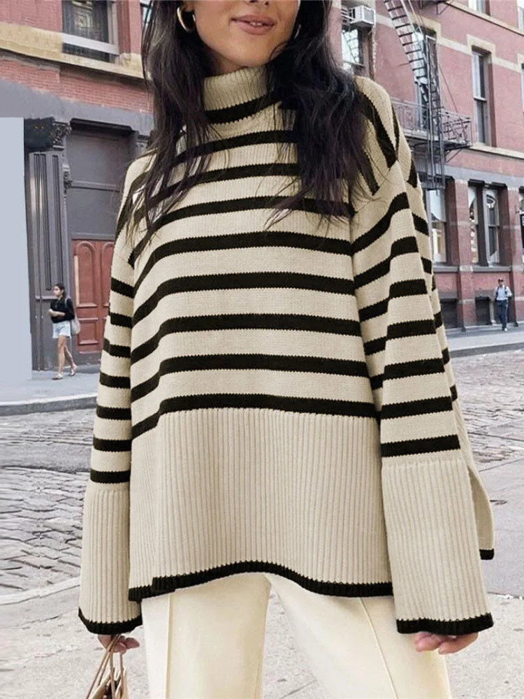 Black And White Stripe Sweater Streetwear Loose Tops Women Pullover Female Jumper Long Sleeve Turtleneck Knitted Ribbed Sweaters 240130