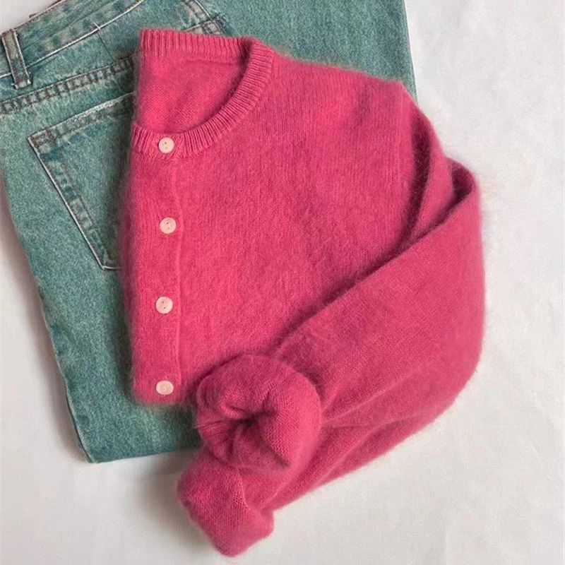 Mohair Knitted Cardigan Vintage Women Autumn Outwear Sweater Coat Loose Elegant Long Sleeve Tops 240130
