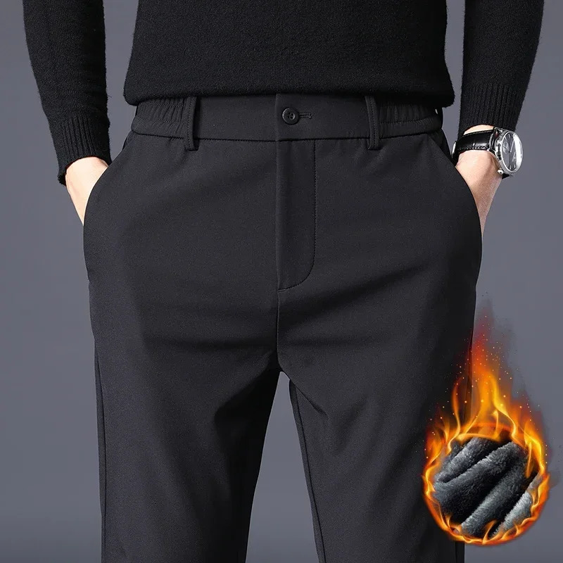 Autumn Winter Pants Men Thicken Fleece Lined Warm Elastic Waist Outdoor Sweatpants Fashion Slim Grey Suit Trousers Male 240124