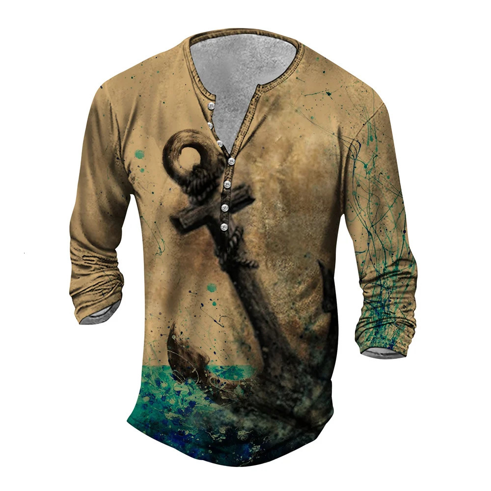 Vintage Men's Tshirts 3D Printed Ship Long Sleeve Tshirt Oversized Navigation Top Tee Shirt Man Clothes Punk Streetwear 240119