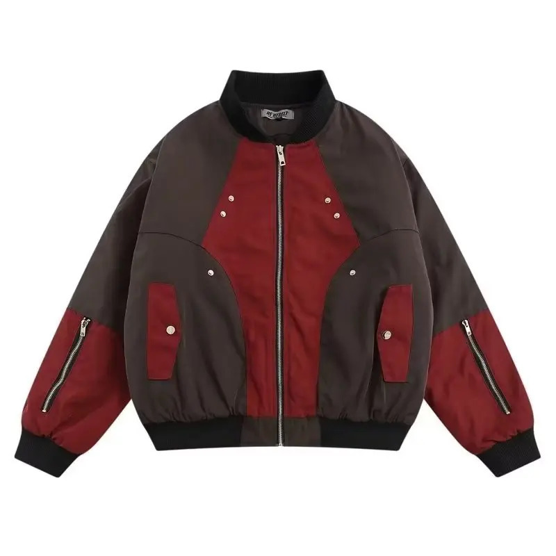 Retro Bomber Jacket Men Zip Up Patchwork Cotton-padded Baseball Jackets Spring Harajuku Coat Unisex Loose Autumn Thicken Outwear 240126