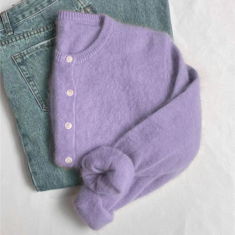Mohair Knitted Cardigan Vintage Women Autumn Outwear Sweater Coat Loose Elegant Long Sleeve Tops 240130