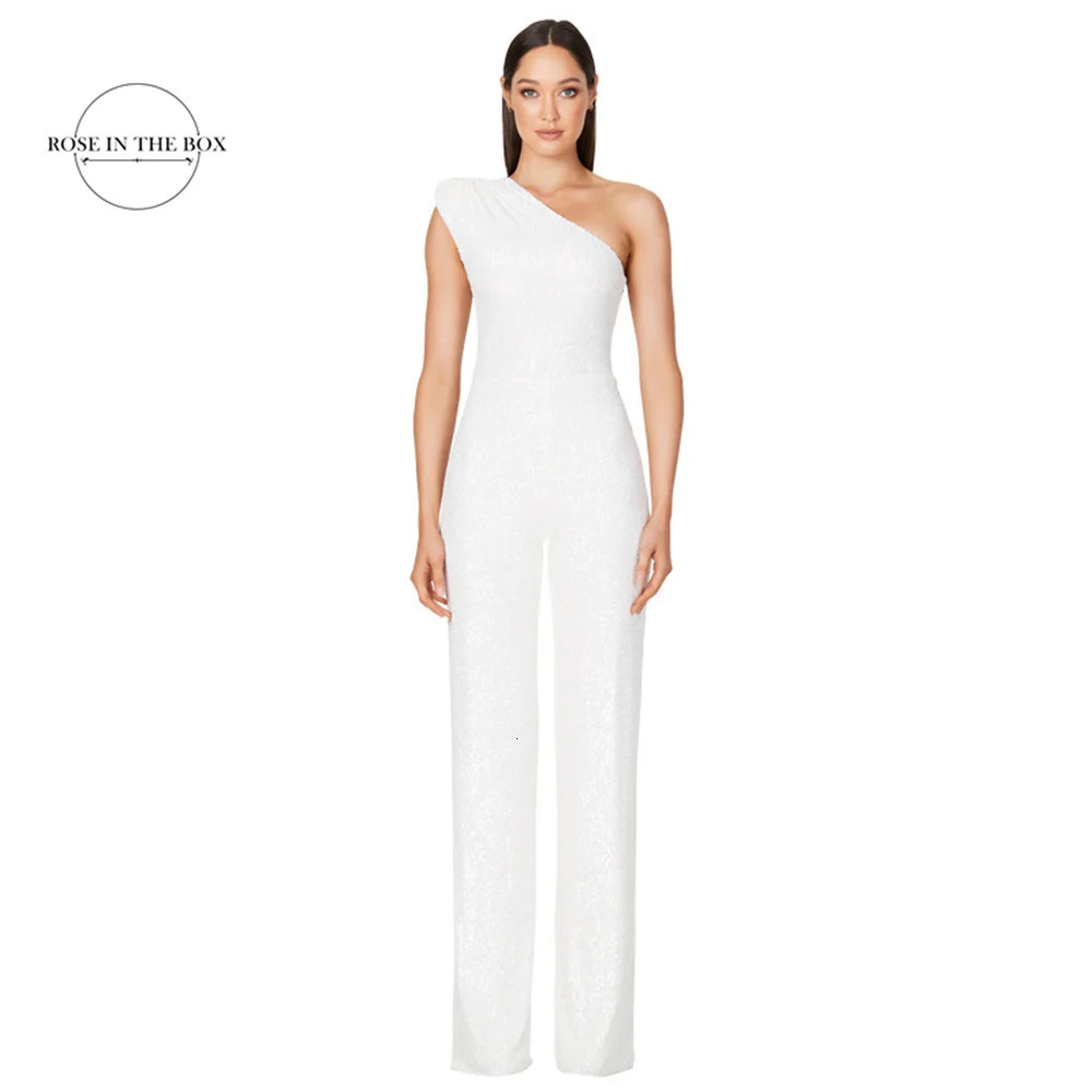 Women Elegant Long Jumpsuits One Shoulder Evening Prom Party Sexy Glitter Sequin Club Playsuits Fashion Solid Romper 240125