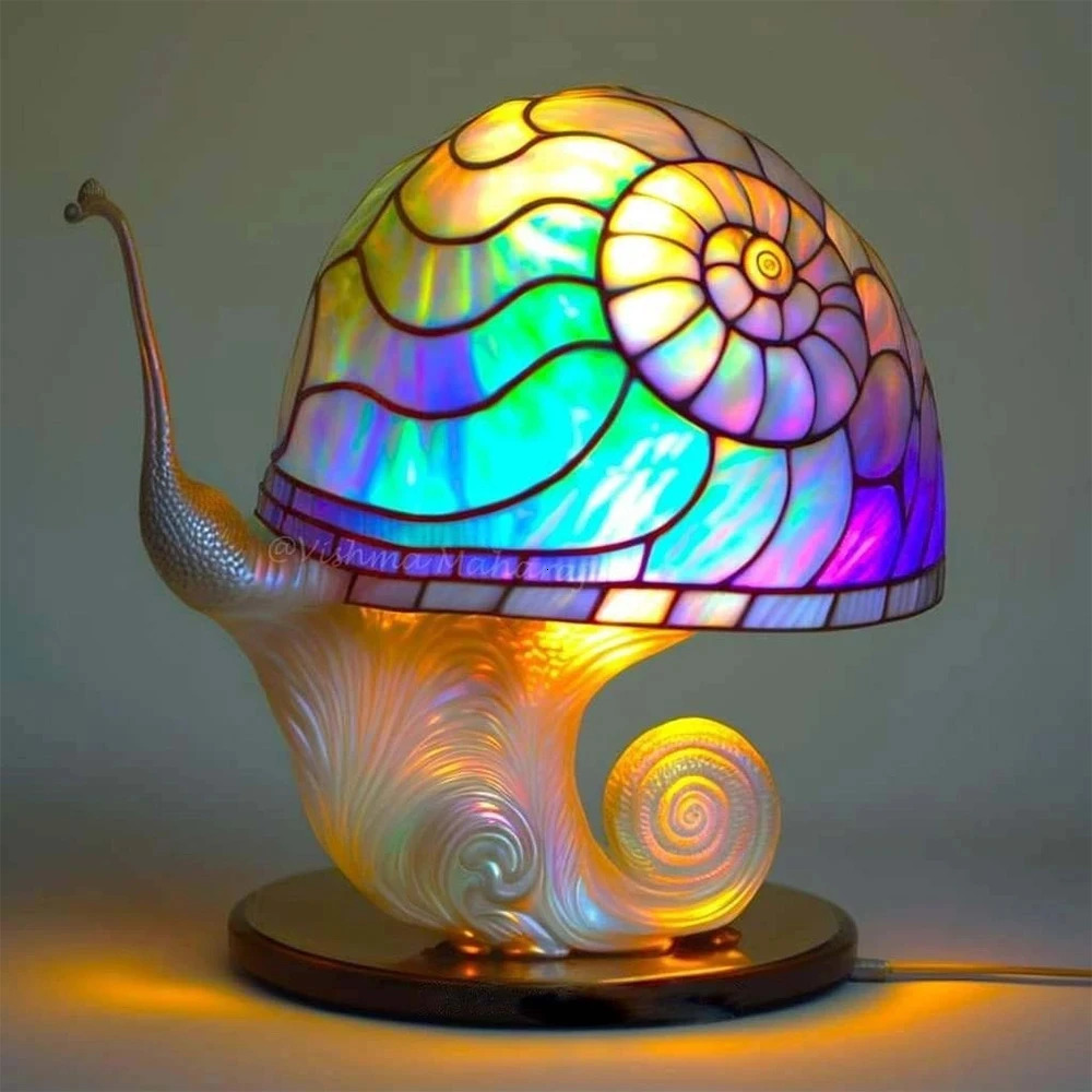 Vintage Stained Glass Plant Series Table Lamps Mushroom Snail Octopus Resin Colorful Ornament Desk Home Decoration 15x15x10cm 240129