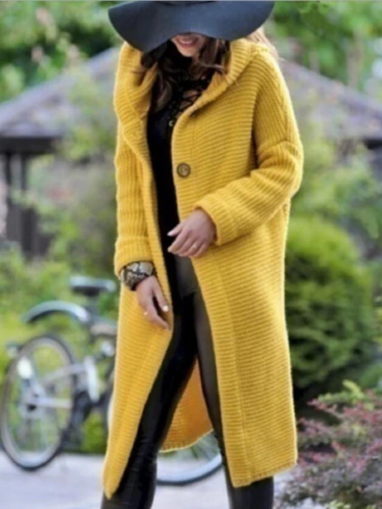 Fashion Women Sweaters 2023 Winter Clothe Tops Solid Medium Long Hooded Sweater Coat Oversized Knitted Cardigan Knitwears 240202