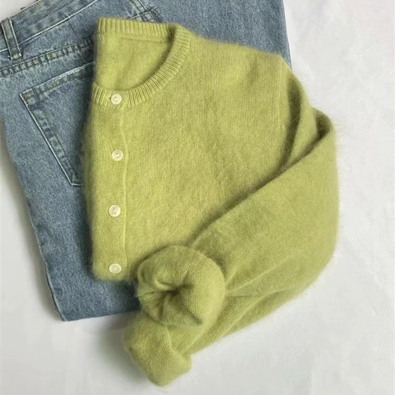 Mohair Knitted Cardigan Vintage Women Autumn Outwear Sweater Coat Loose Elegant Long Sleeve Tops 240130
