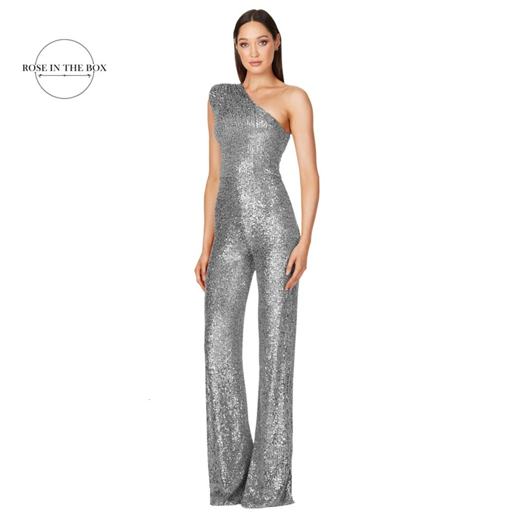 Women Elegant Long Jumpsuits One Shoulder Evening Prom Party Sexy Glitter Sequin Club Playsuits Fashion Solid Romper 240125