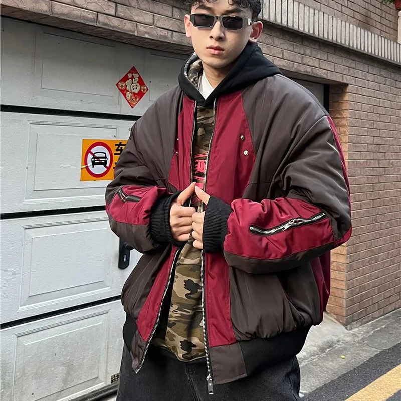 Retro Bomber Jacket Men Zip Up Patchwork Cotton-padded Baseball Jackets Spring Harajuku Coat Unisex Loose Autumn Thicken Outwear 240126