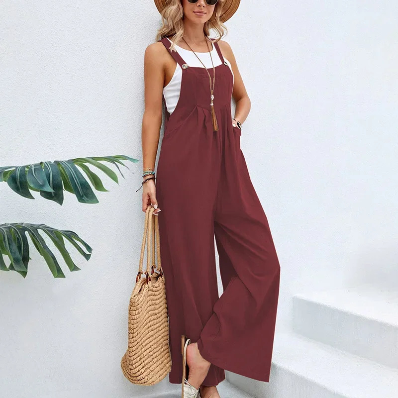 Vintage Cotton Linen Jumpsuit Women Casual Solid Button Wide Leg Suspender Pants with Pockets Summer Loose Overalls Rompers 240129