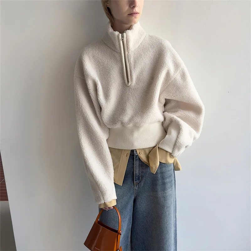 LC Hoodie Women's 2024 Autumnwinter Minimalist Casual Half Zipper High Neck Short Fleece Top 240119