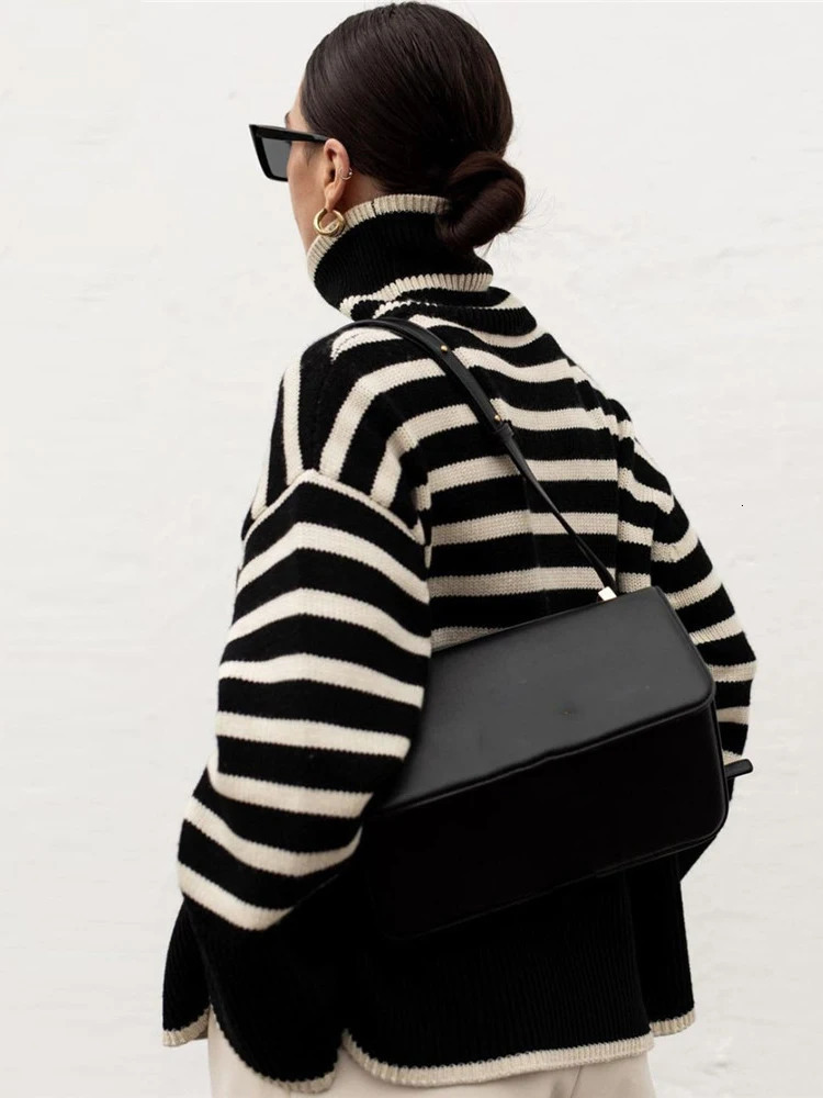 Black And White Stripe Sweater Streetwear Loose Tops Women Pullover Female Jumper Long Sleeve Turtleneck Knitted Ribbed Sweaters 240130