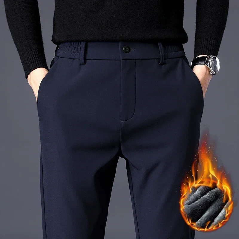 Autumn Winter Pants Men Thicken Fleece Lined Warm Elastic Waist Outdoor Sweatpants Fashion Slim Grey Suit Trousers Male 240124