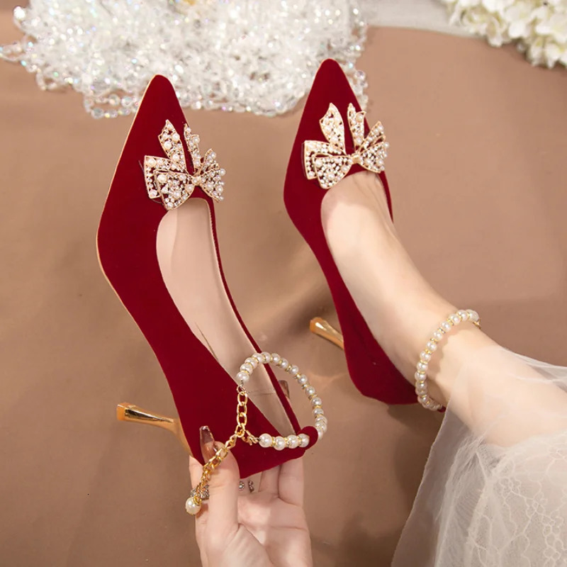 Red Pearl Bowknot Wedding Party Shoes for Women String Bead Thin Heels Pumps Ladies Ankle Strap Pointed Toe High 240119