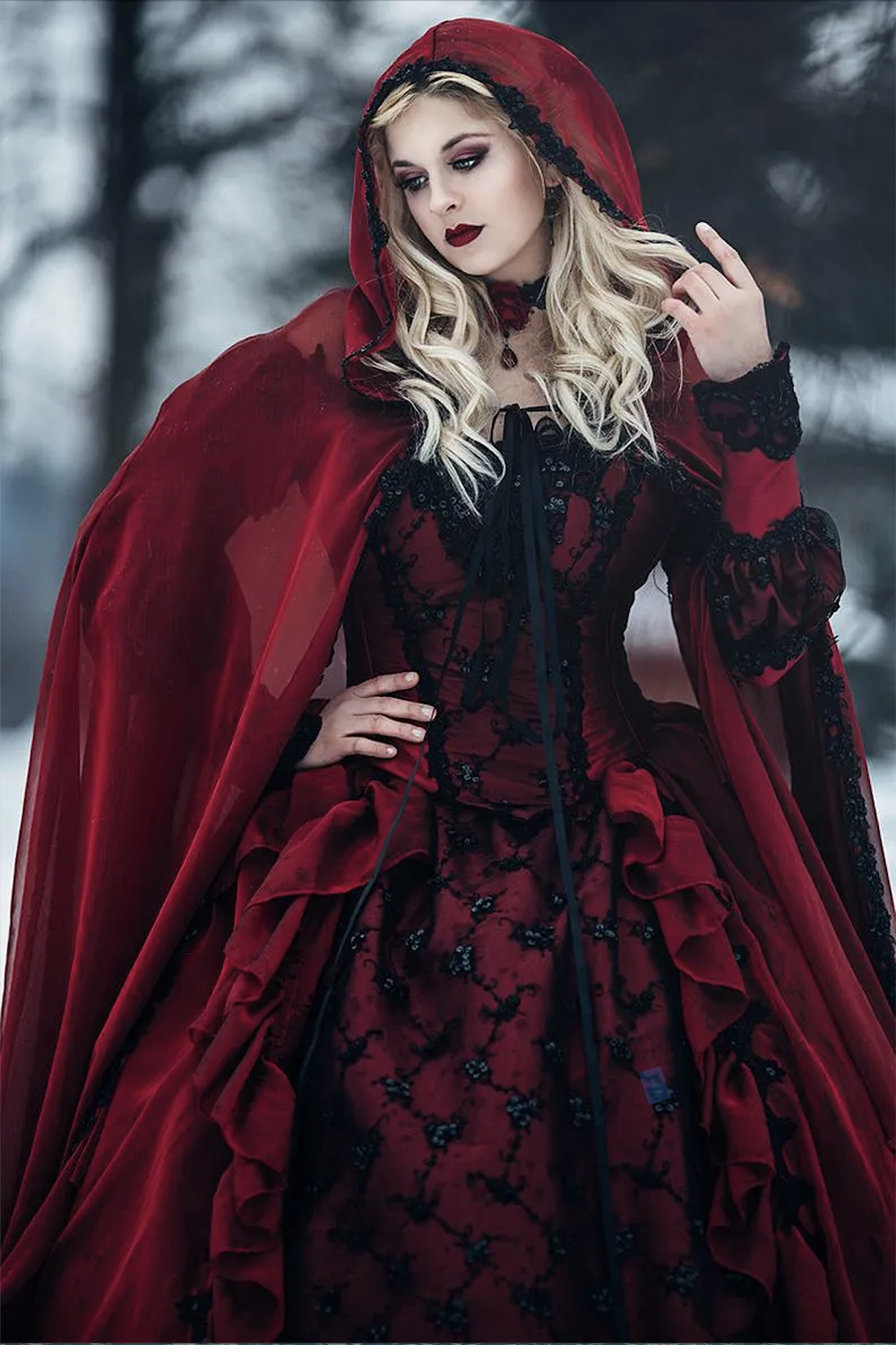 Gothic Winter Medieval Red and Black Renaissance Fantasy victorian vampires Country Wedding Dresses With Caped Long Sleeves 0509