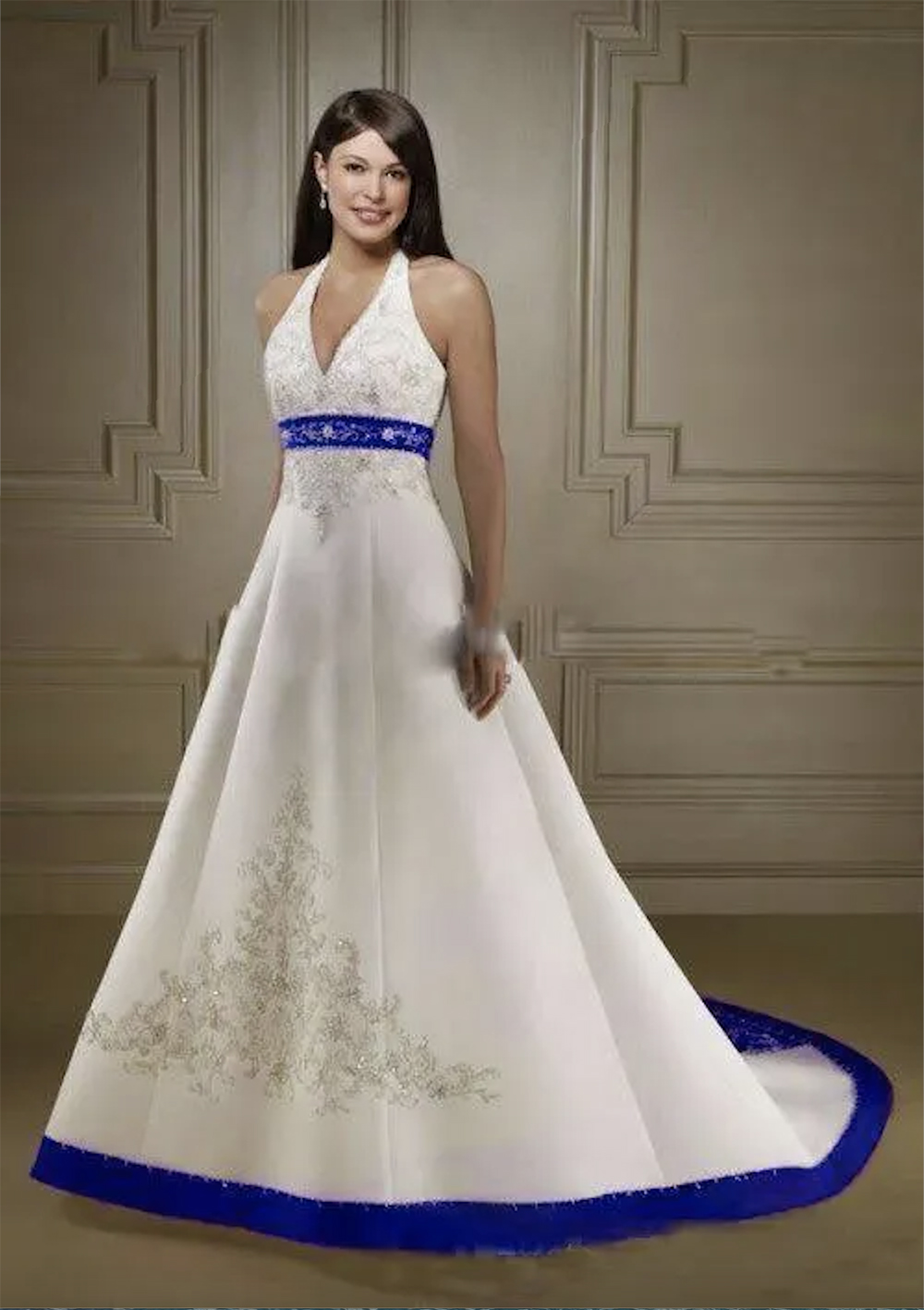 Vintage White And Royal Blue Satin Dress Strapless Embroidery Chapel Train Corset Custom Made Bridal Dresses Wedding Gowns 0431