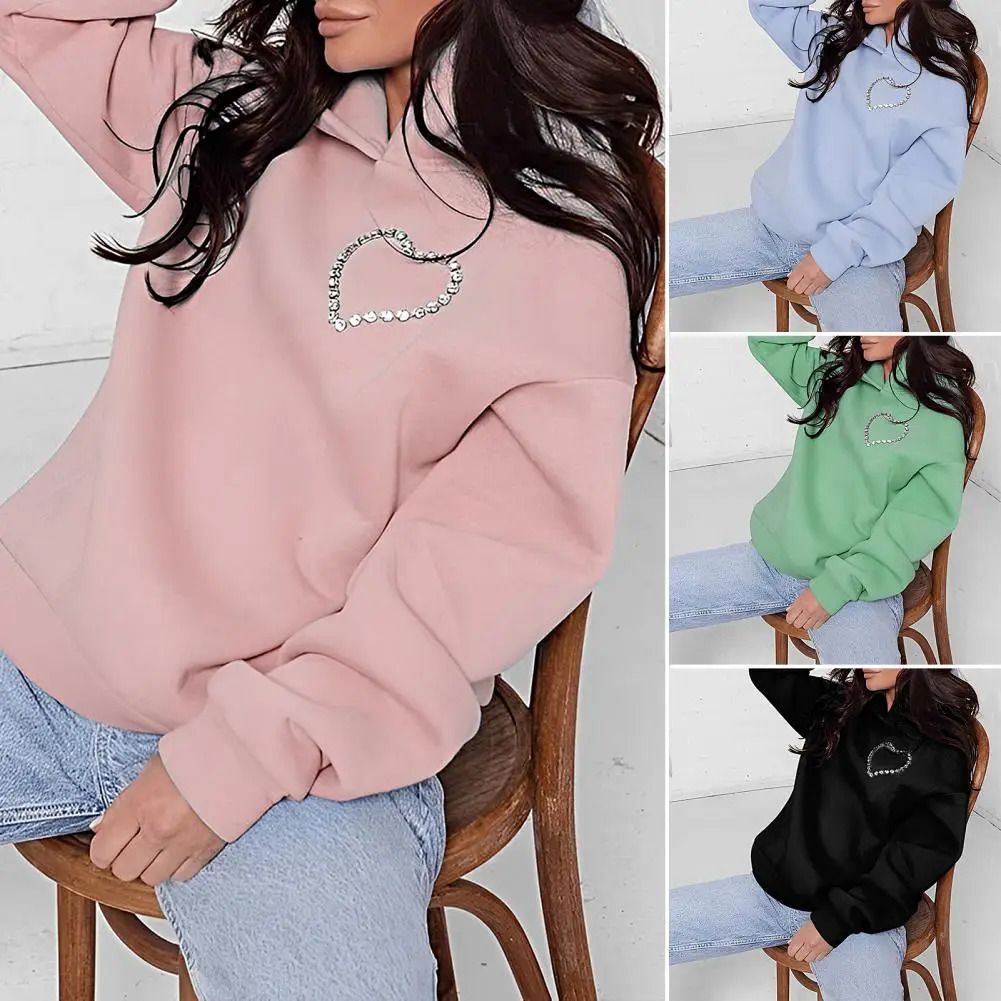 Women Hoodie Heart Shape Backless Hollow Out Winter Hoodie Solid Color Rhinestone Spring Hoodie Women's Clothing For Club 240119