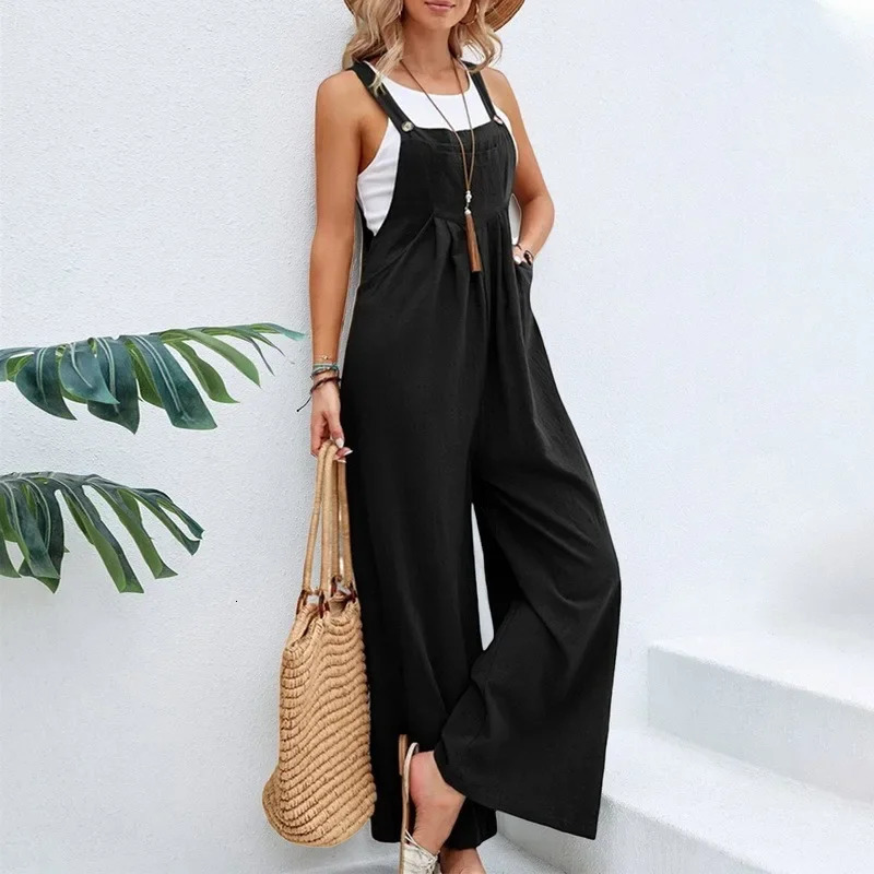 Vintage Cotton Linen Jumpsuit Women Casual Solid Button Wide Leg Suspender Pants with Pockets Summer Loose Overalls Rompers 240129