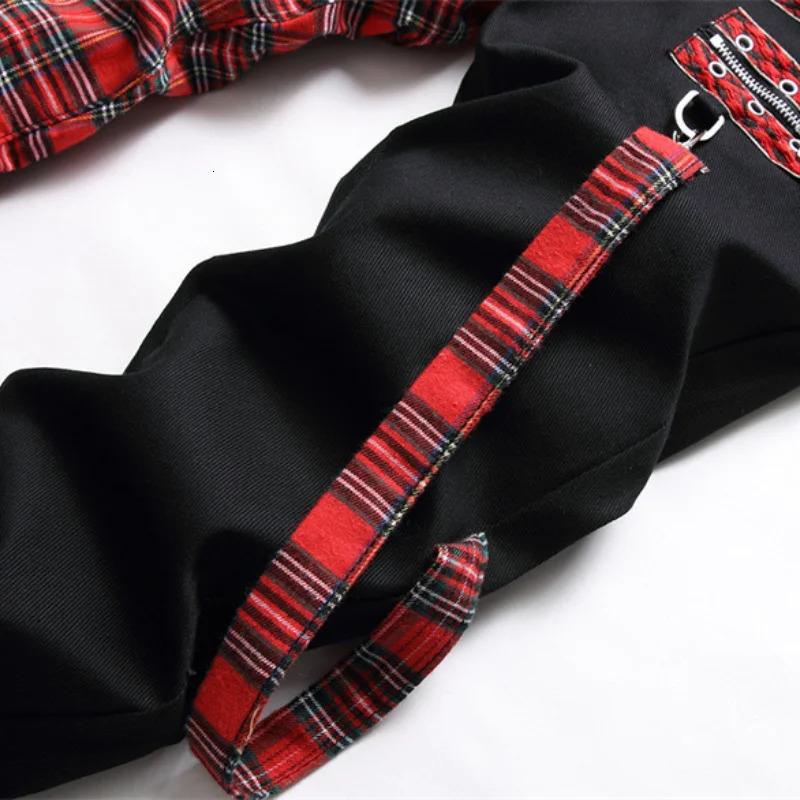 Fashion Red Plaid Patchwork Punk Zipper Men Pencil Jeans Trousers Y2K Buckle Hip Hop Gothic Slim Denim Pants Pantaloni Uomo 240125