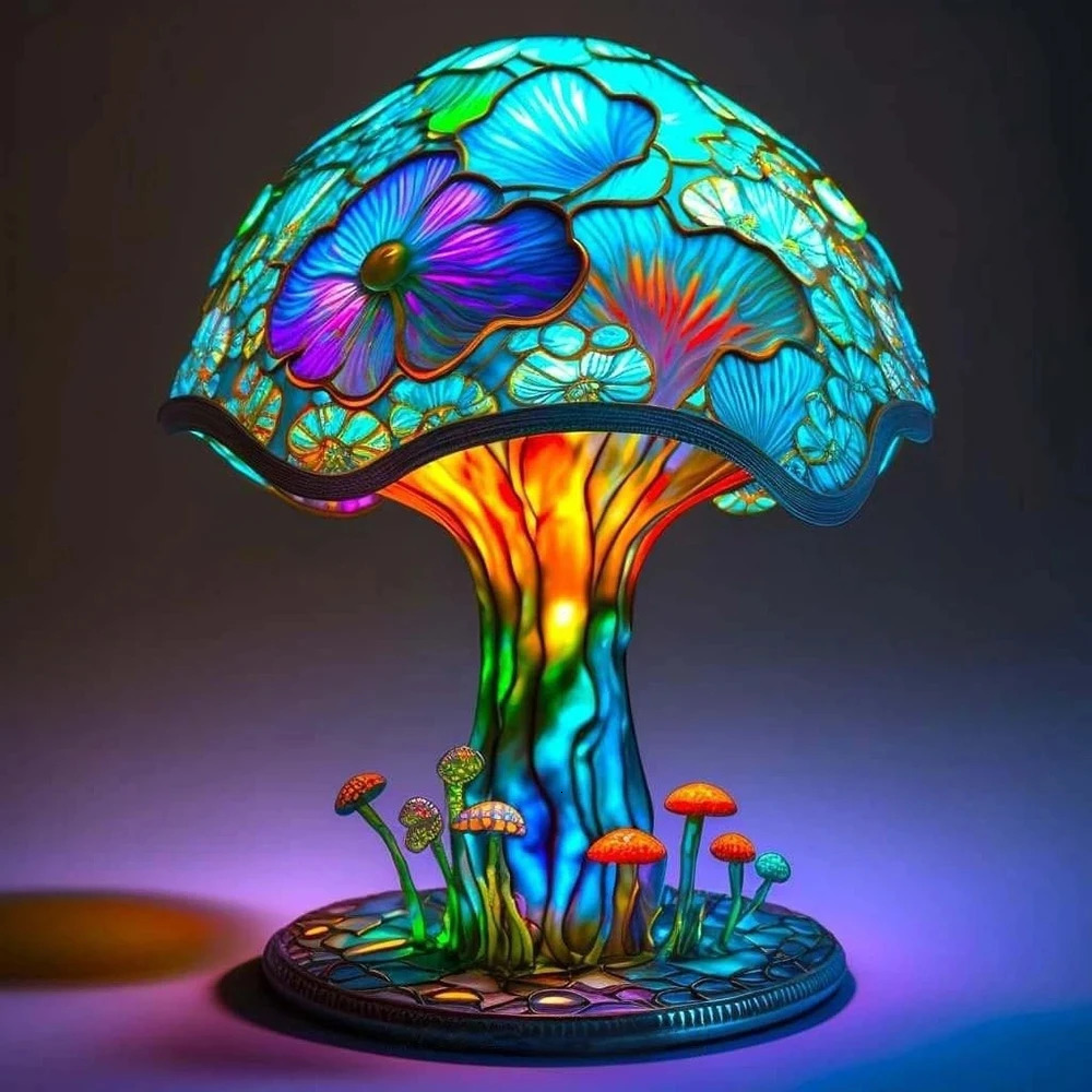 Vintage Stained Glass Plant Series Table Lamps Mushroom Snail Octopus Resin Colorful Ornament Desk Home Decoration 15x15x10cm 240129