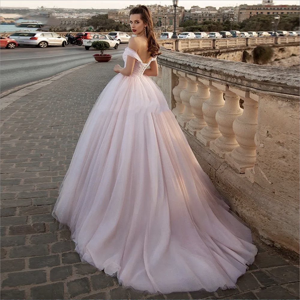 Ball Pink Princess Wedding Dresses Off The Shoulder Ruched Tulle Skirt Corset Back Colorful Bridal Gown Bride S Dress With Color