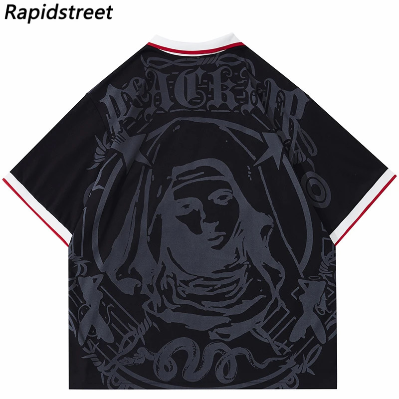 Hip Hop Streetwear Polo T-Shirt Virgin Mary Graphic T Shirt Men Polo Shirt Short Sleeve Harajuku Cotton Tops Tees Red Grey 240126