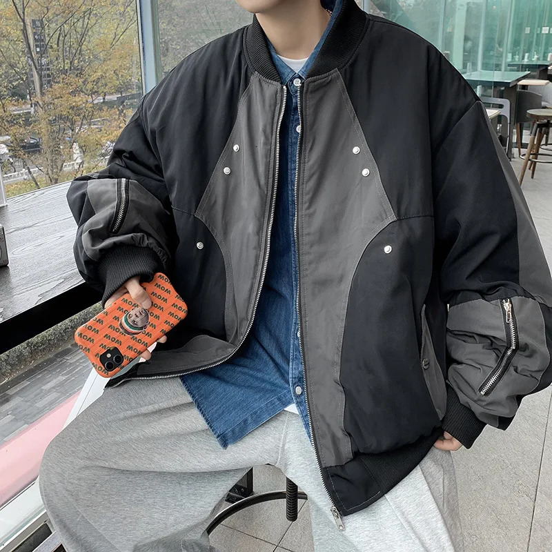 Retro Bomber Jacket Men Zip Up Patchwork Cotton-padded Baseball Jackets Spring Harajuku Coat Unisex Loose Autumn Thicken Outwear 240126