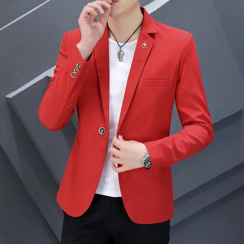 Autumn Men Casual Suit Jacket Green and Red Solid Color with One Buttons Mens Formal Blazer Size M3XL 240201