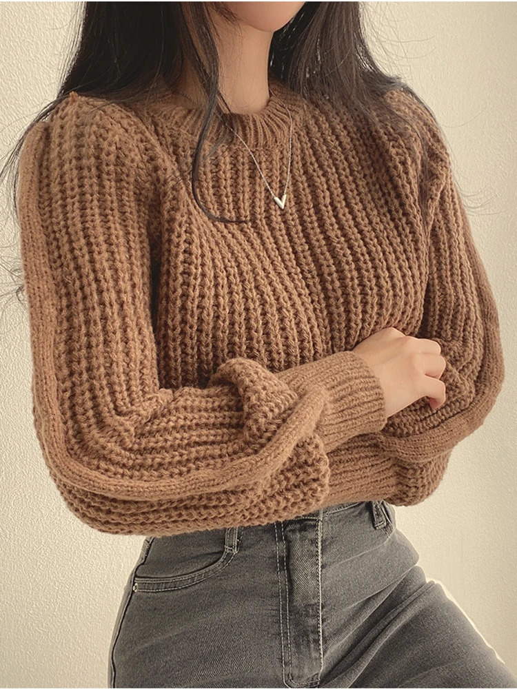 Vintage Harajuku Lantern Long Sleeve Women Sweater Casual Korean Autumn Winter Knitwear Soft Warm Tops Chic Solid Femme 240130