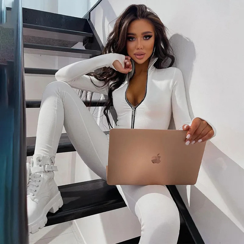 Huhugirl Fitness Outfit Female Casual Sport Workout Zipper Jumpsuit Women Romper Long Sleeves Skinny Activity Wear Overalls Tops 240129