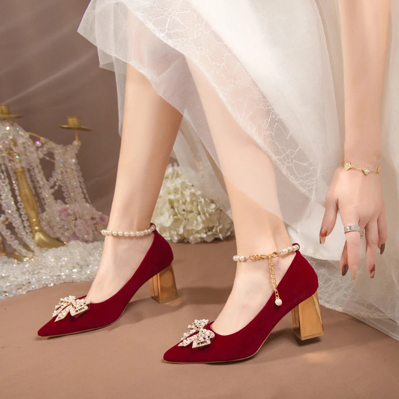 Red Pearl Bowknot Wedding Party Shoes for Women String Bead Thin Heels Pumps Ladies Ankle Strap Pointed Toe High 240119