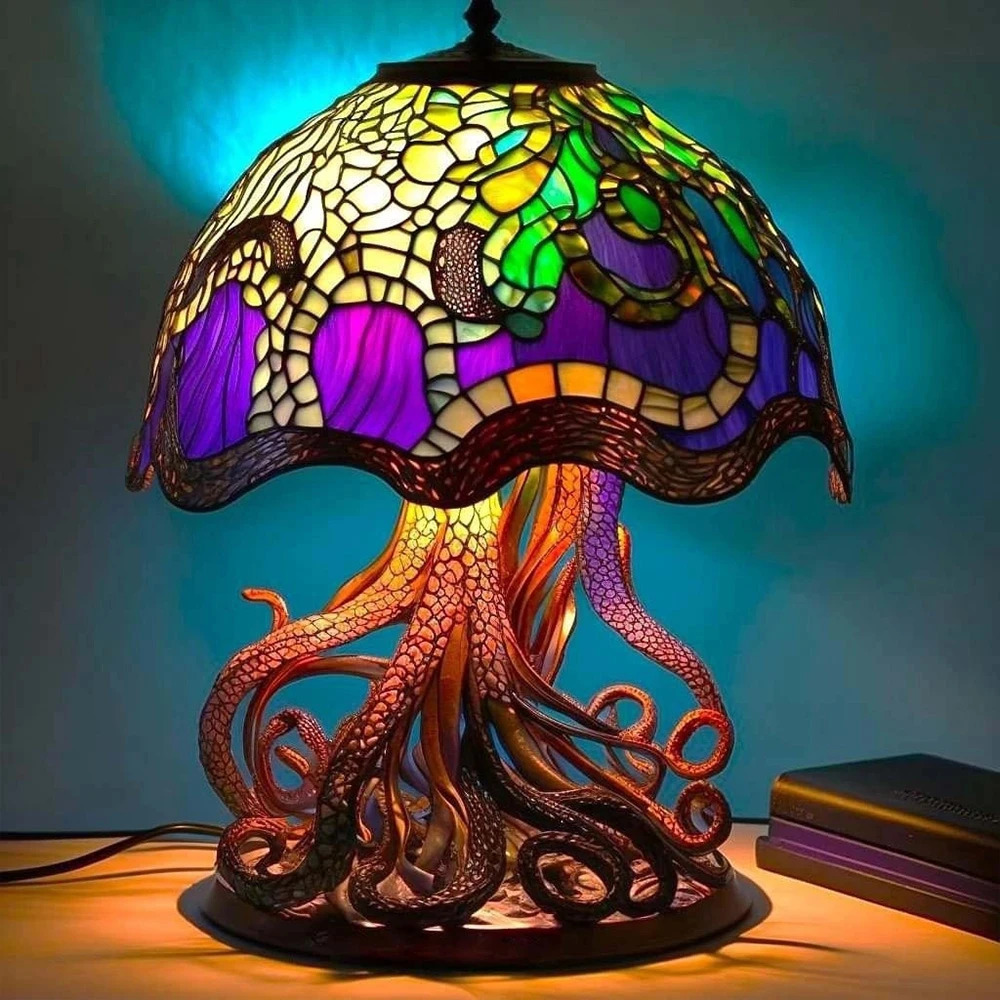 Vintage Stained Glass Plant Series Table Lamps Mushroom Snail Octopus Resin Colorful Ornament Desk Home Decoration 15x15x10cm 240129