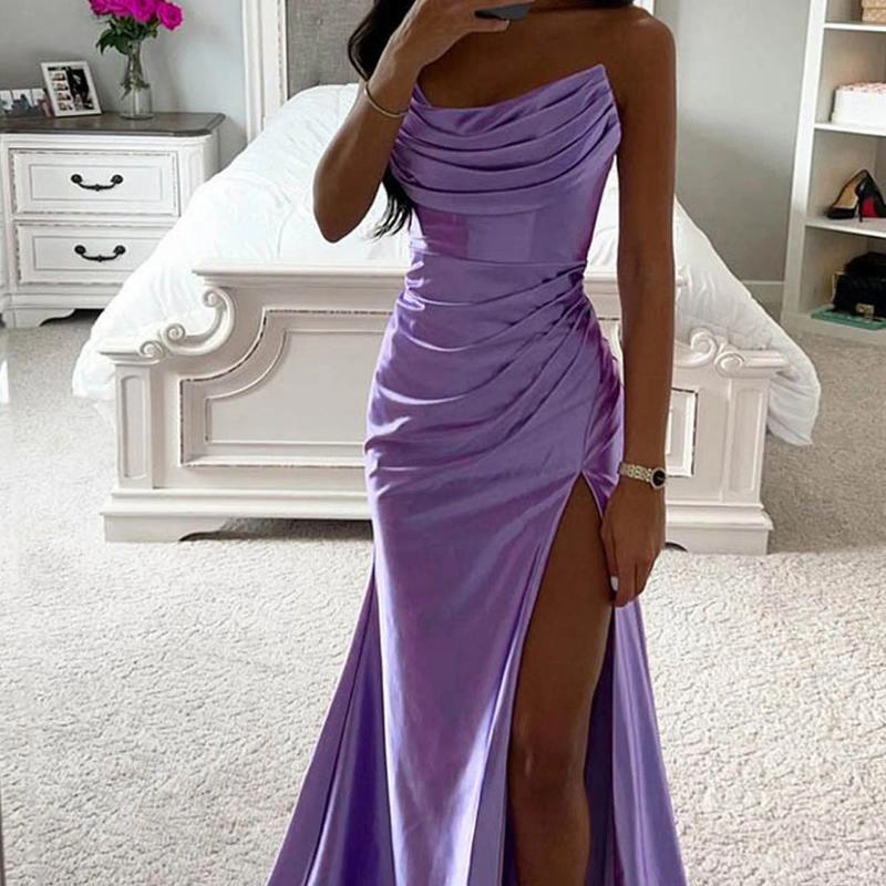 Casual Dresses Sexy Backless Satin Banquet Prom Dress Women Summer Elegant Off Shoulder Ruched Bodycon Evening Party Female Pink Vest