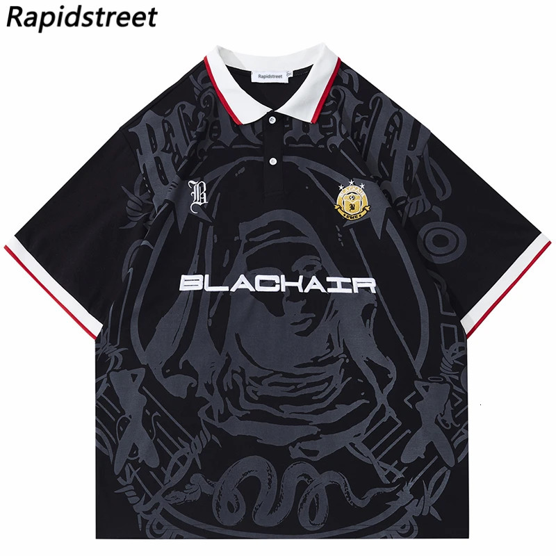 Hip Hop Streetwear Polo T-Shirt Virgin Mary Graphic T Shirt Men Polo Shirt Short Sleeve Harajuku Cotton Tops Tees Red Grey 240126