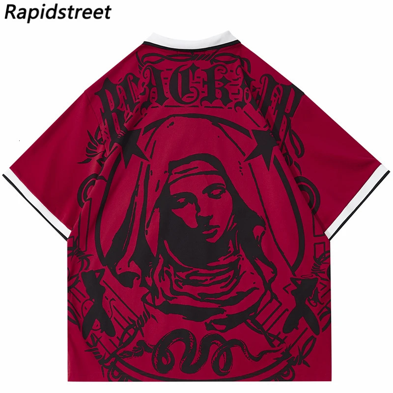 Hip Hop Streetwear Polo T-Shirt Virgin Mary Graphic T Shirt Men Polo Shirt Short Sleeve Harajuku Cotton Tops Tees Red Grey 240126