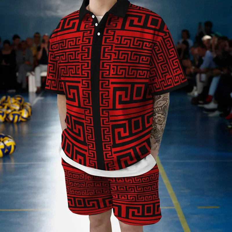 Men Polo Suit Casual 3D Printed Vintage Gold Patterns Top T-Shirt Sportswear Clothes Sweatpants Summer Male Two Set Tracksuits 240130