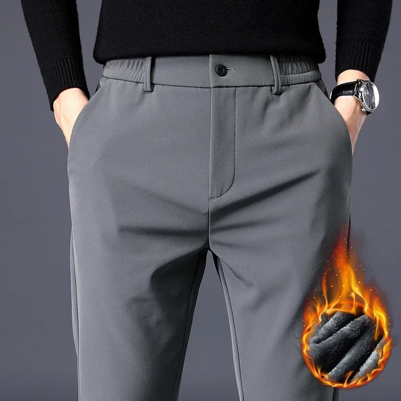Autumn Winter Pants Men Thicken Fleece Lined Warm Elastic Waist Outdoor Sweatpants Fashion Slim Grey Suit Trousers Male 240124