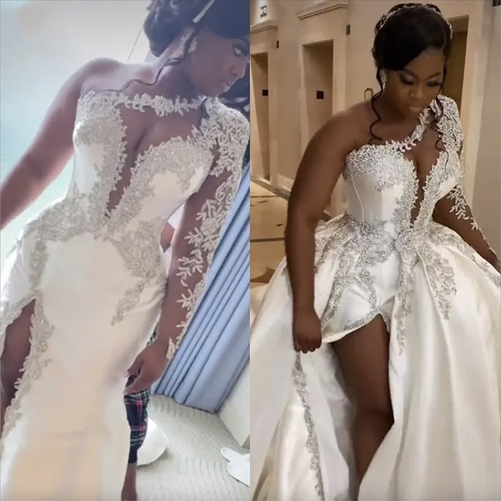 Gorgeous One Shoulder Satin Wedding Dress With Detachable Train Long Seeve Beaded Lace Appliques Side Split Sexy Bridal Gown African Bride Wear 0509