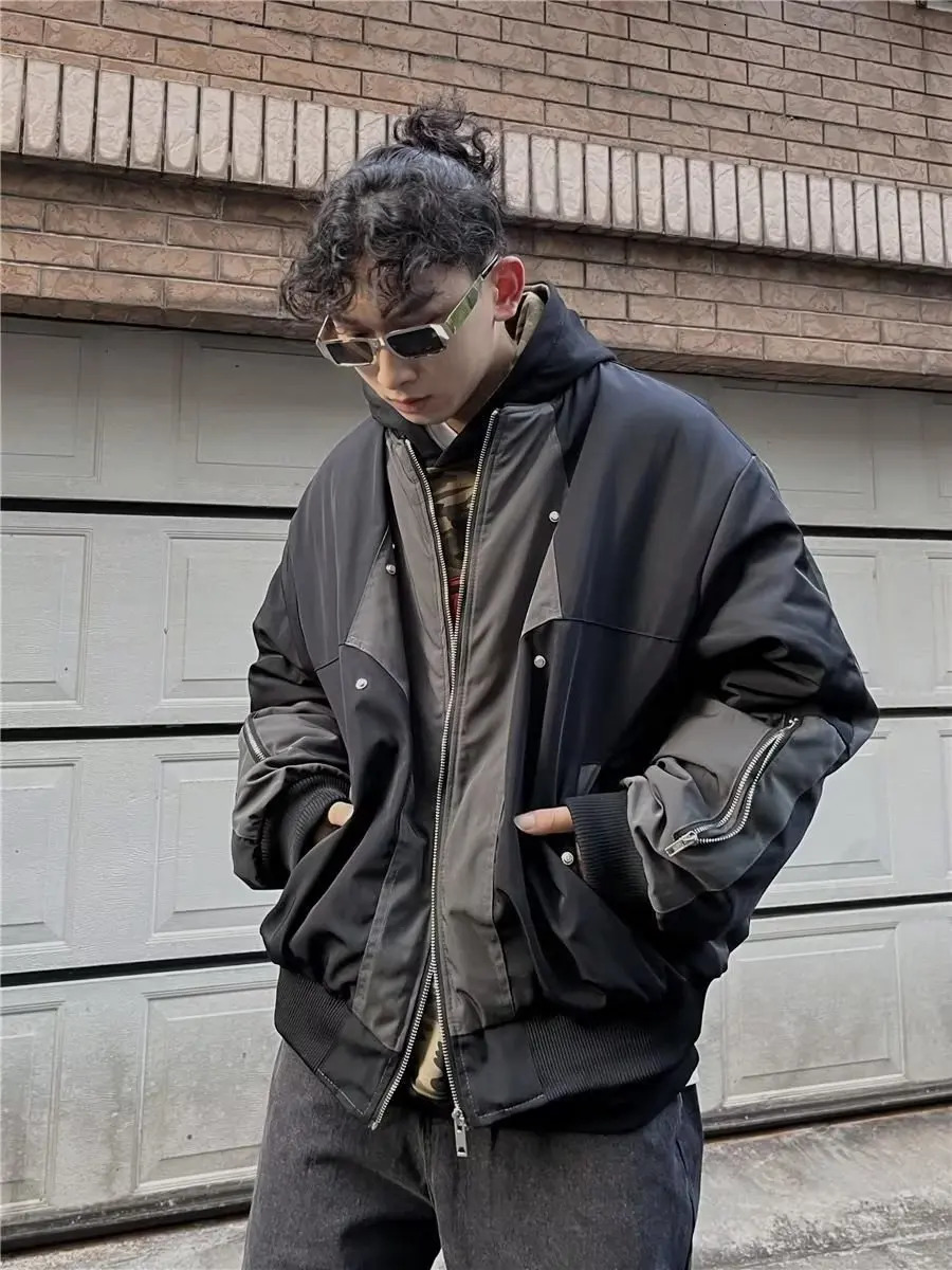 Retro Bomber Jacket Men Zip Up Patchwork Cotton-padded Baseball Jackets Spring Harajuku Coat Unisex Loose Autumn Thicken Outwear 240126